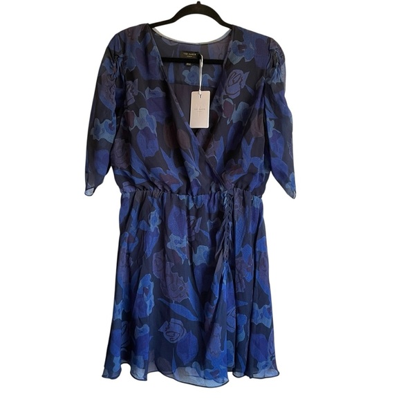 Ted Baker Juleah Mini Dress Ruched Sleeves & Skirt Surplice Neckline Lined NWT - Picture 5 of 16